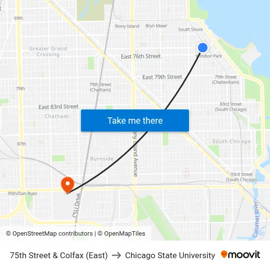 75th Street & Colfax (East) to Chicago State University map
