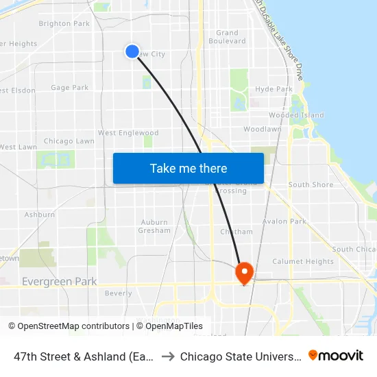 47th Street & Ashland (East) to Chicago State University map