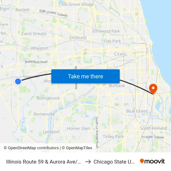 Illinois Route 59 & Aurora Ave/New York St to Chicago State University map