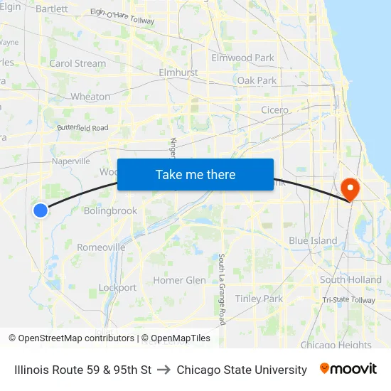 Illinois Route 59 & 95th St to Chicago State University map
