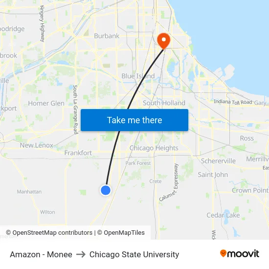 Amazon - Monee to Chicago State University map