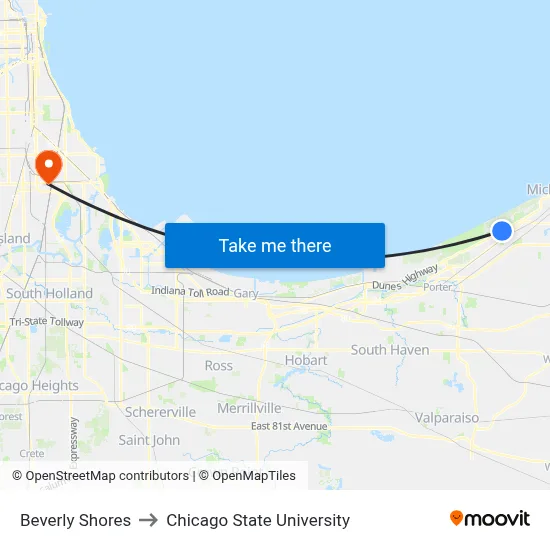 Beverly Shores to Chicago State University map
