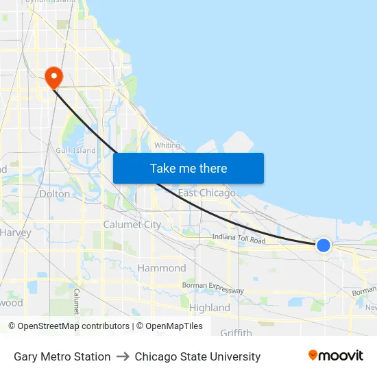 Gary Metro Station to Chicago State University map