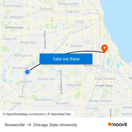 Romeoville to Chicago State University map