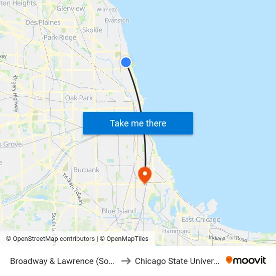 Broadway & Lawrence (South) to Chicago State University map