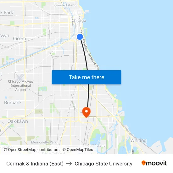 Cermak & Indiana (East) to Chicago State University map