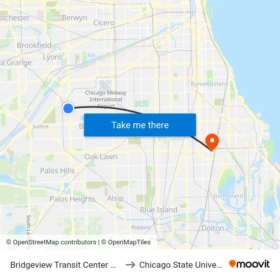 Bridgeview Transit Center Bay 1 to Chicago State University map