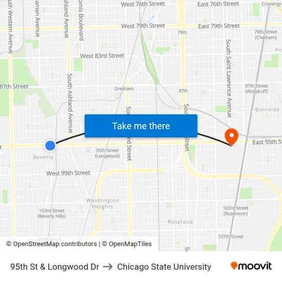 95th St & Longwood Dr to Chicago State University map