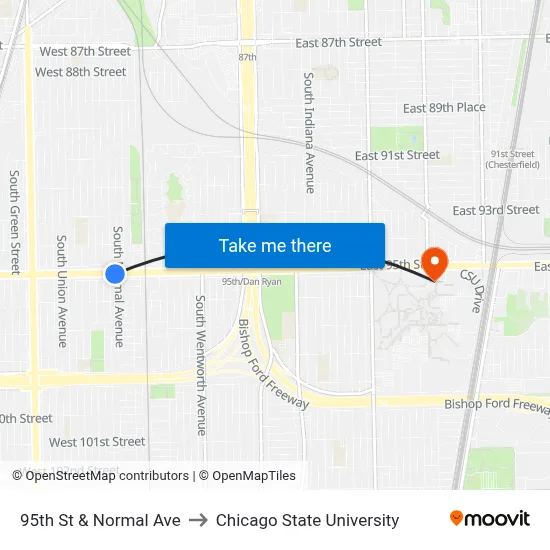 95th St & Normal Ave to Chicago State University map