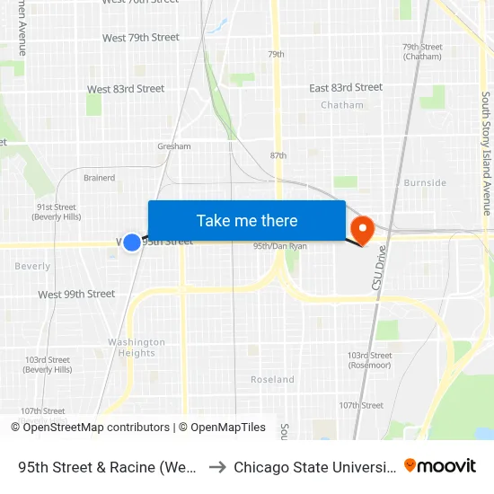 95th Street & Racine (West) to Chicago State University map