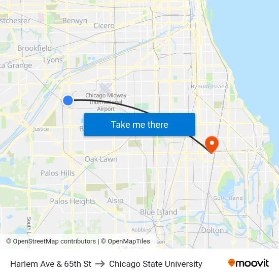 Harlem Ave & 65th St to Chicago State University map