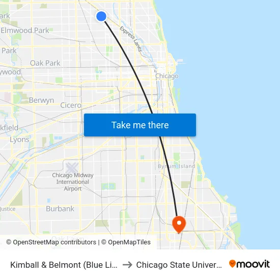Kimball & Belmont (Blue Line) to Chicago State University map