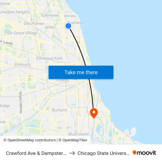 Crawford Ave & Dempster St to Chicago State University map