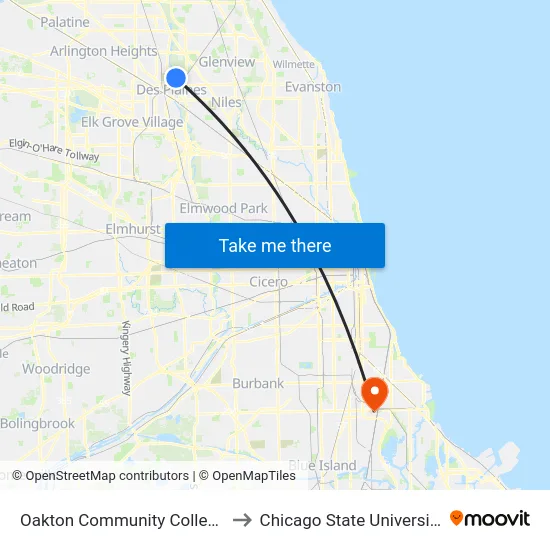 Oakton Community College to Chicago State University map