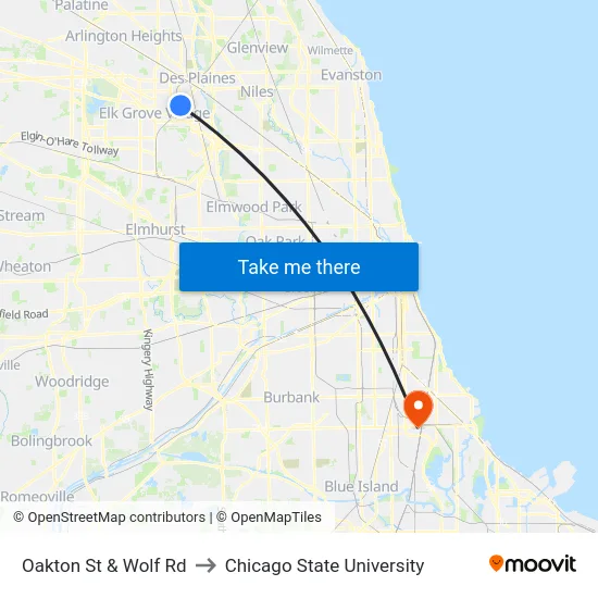 Oakton St & Wolf Rd to Chicago State University map