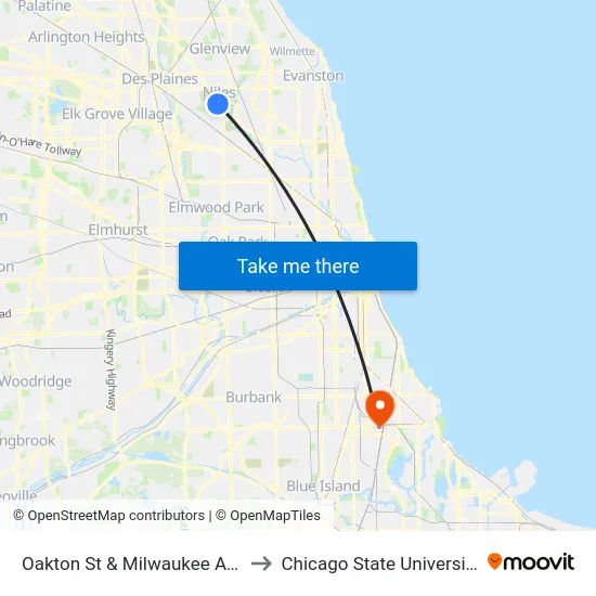 Oakton St & Milwaukee Ave to Chicago State University map