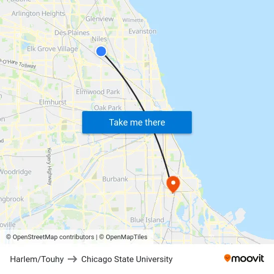 Harlem/Touhy to Chicago State University map