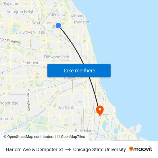 Harlem Ave & Dempster St to Chicago State University map