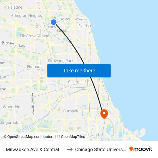 Milwaukee Ave & Central Rd to Chicago State University map