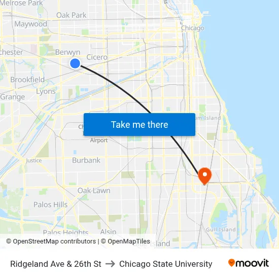 Ridgeland Ave & 26th St to Chicago State University map