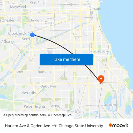 Harlem Ave & Ogden Ave to Chicago State University map