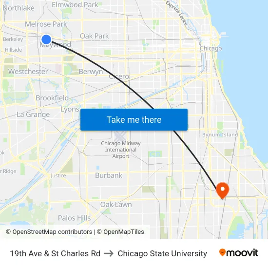 19th Ave & St Charles Rd to Chicago State University map