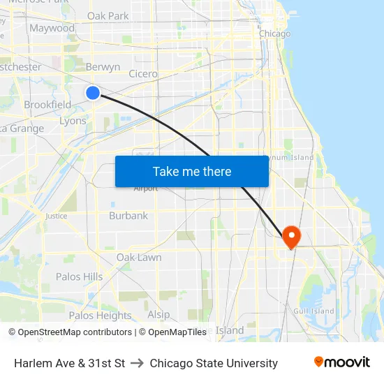 Harlem Ave & 31st St to Chicago State University map
