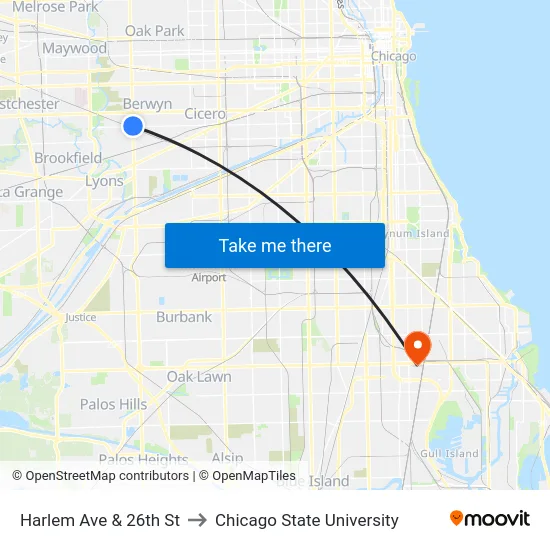 Harlem Ave & 26th St to Chicago State University map