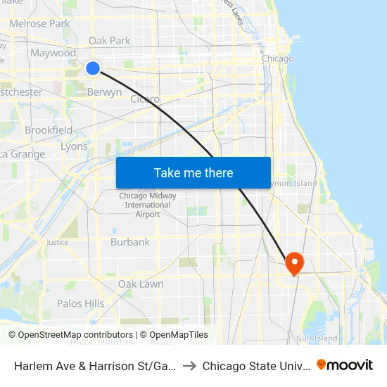 Harlem Ave & Harrison St/Garfield St to Chicago State University map