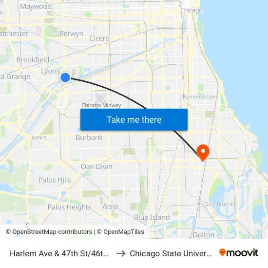 Harlem Ave & 47th St/46th St to Chicago State University map