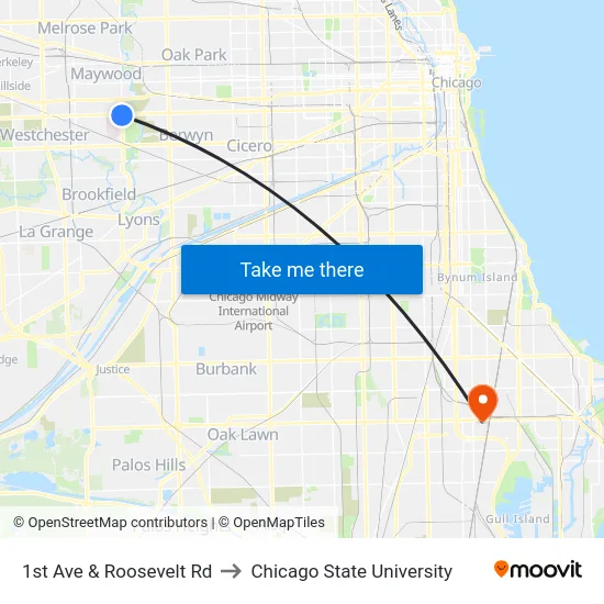 1st Ave & Roosevelt Rd to Chicago State University map