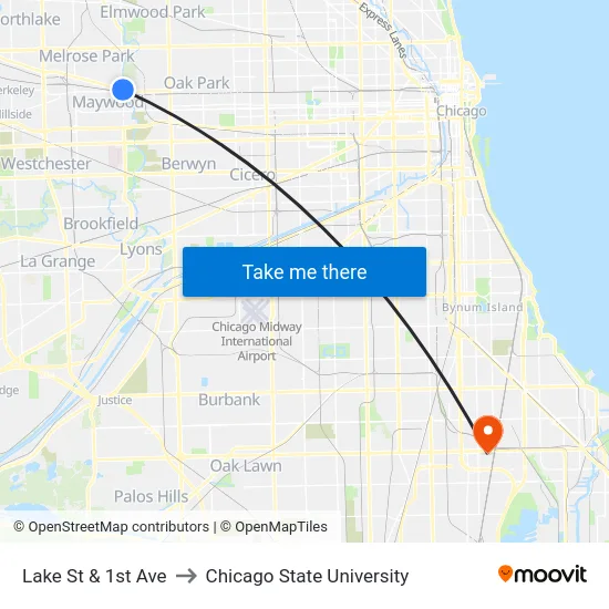 Lake St & 1st Ave to Chicago State University map