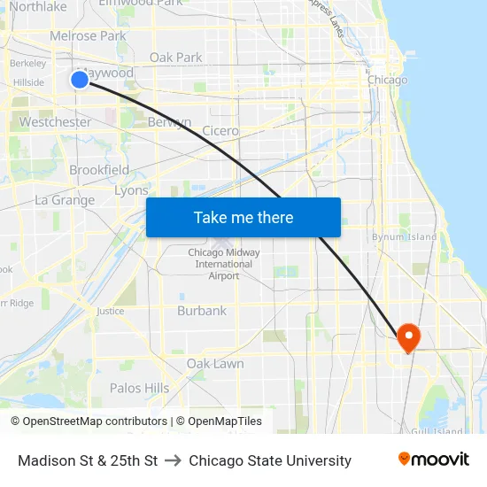 Madison St & 25th St to Chicago State University map