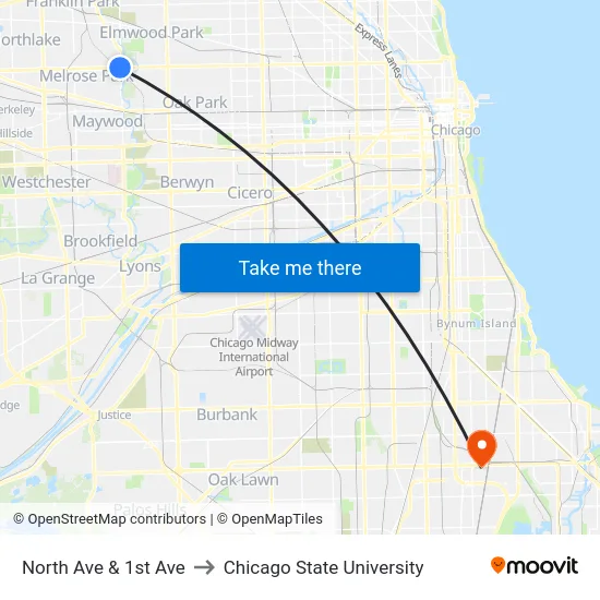 North Ave & 1st Ave to Chicago State University map