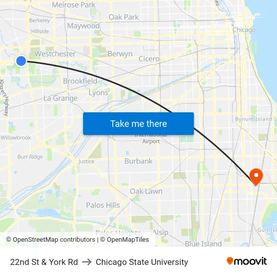 22nd St & York Rd to Chicago State University map