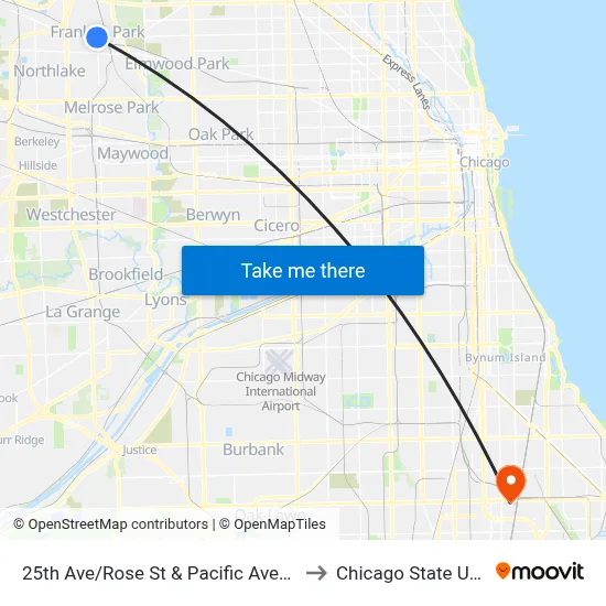 25th Ave/Rose St & Pacific Ave/Belmont Ave to Chicago State University map