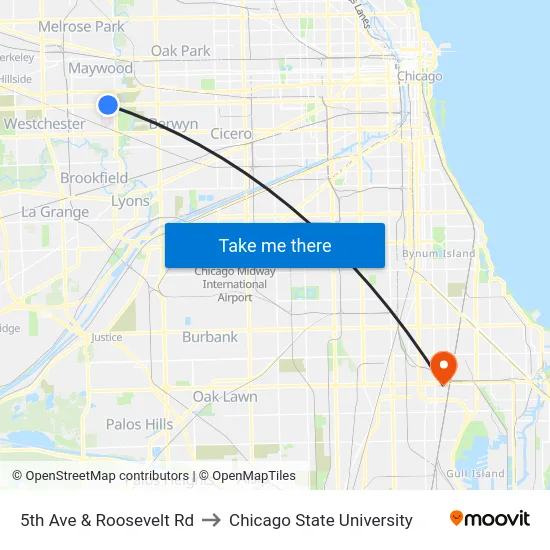 5th Ave & Roosevelt Rd to Chicago State University map