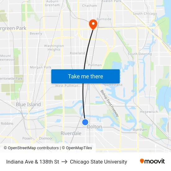 Indiana Ave & 138th St to Chicago State University map