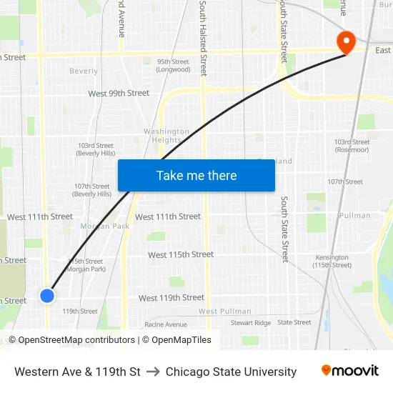 Western Ave & 119th St to Chicago State University map