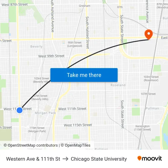 Western Ave & 111th St to Chicago State University map