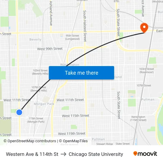 Western Ave & 114th St to Chicago State University map