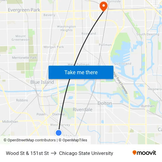Wood St & 151st St to Chicago State University map