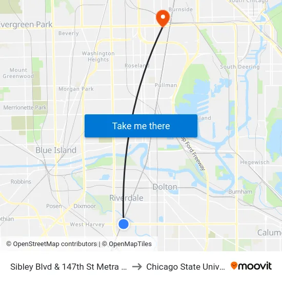 Sibley Blvd & 147th St Metra Station to Chicago State University map