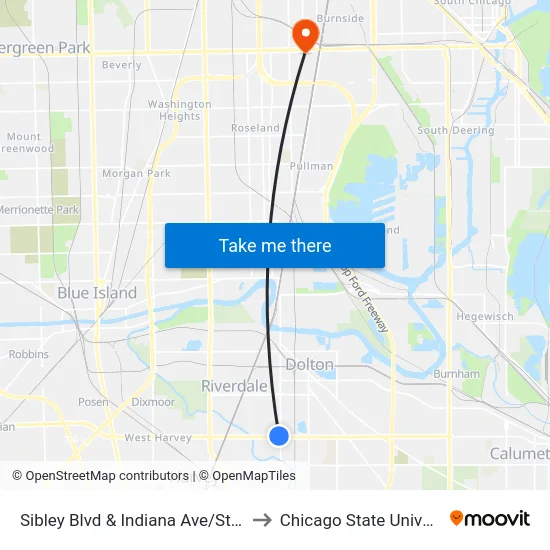 Sibley Blvd & Indiana Ave/State St to Chicago State University map