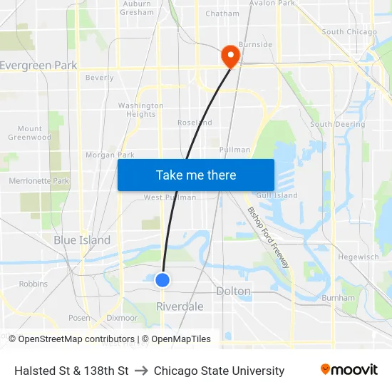 Halsted St & 138th St to Chicago State University map