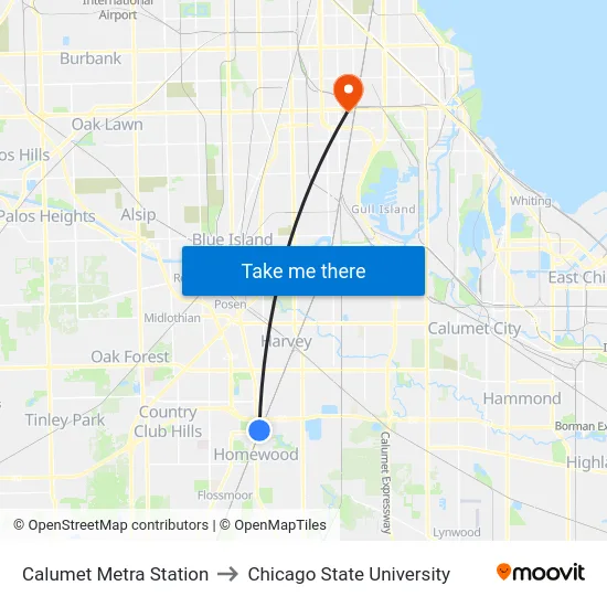 Calumet Metra Station to Chicago State University map
