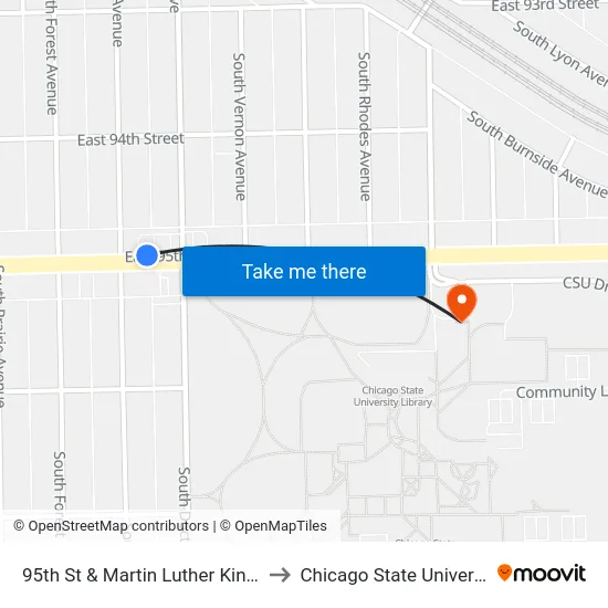 95th St & Martin Luther King Dr to Chicago State University map