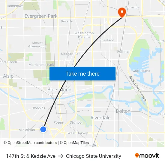 147th St & Kedzie Ave to Chicago State University map