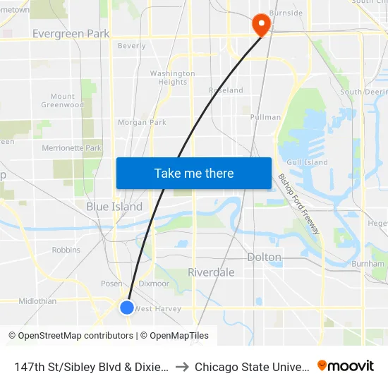147th St/Sibley Blvd & Dixie Hwy to Chicago State University map
