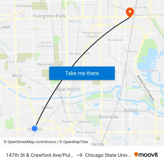 147th St & Crawford Ave/Pulaski Rd to Chicago State University map